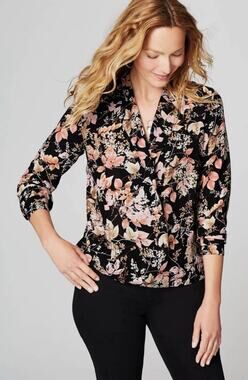 J. Jill Soft Wrap Style Blouse Top Womens Large Black Pink Floral Print Dressy